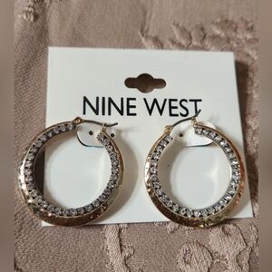 Nine West Gold Tone Clear Crystal Hoop Earrings Nwt.